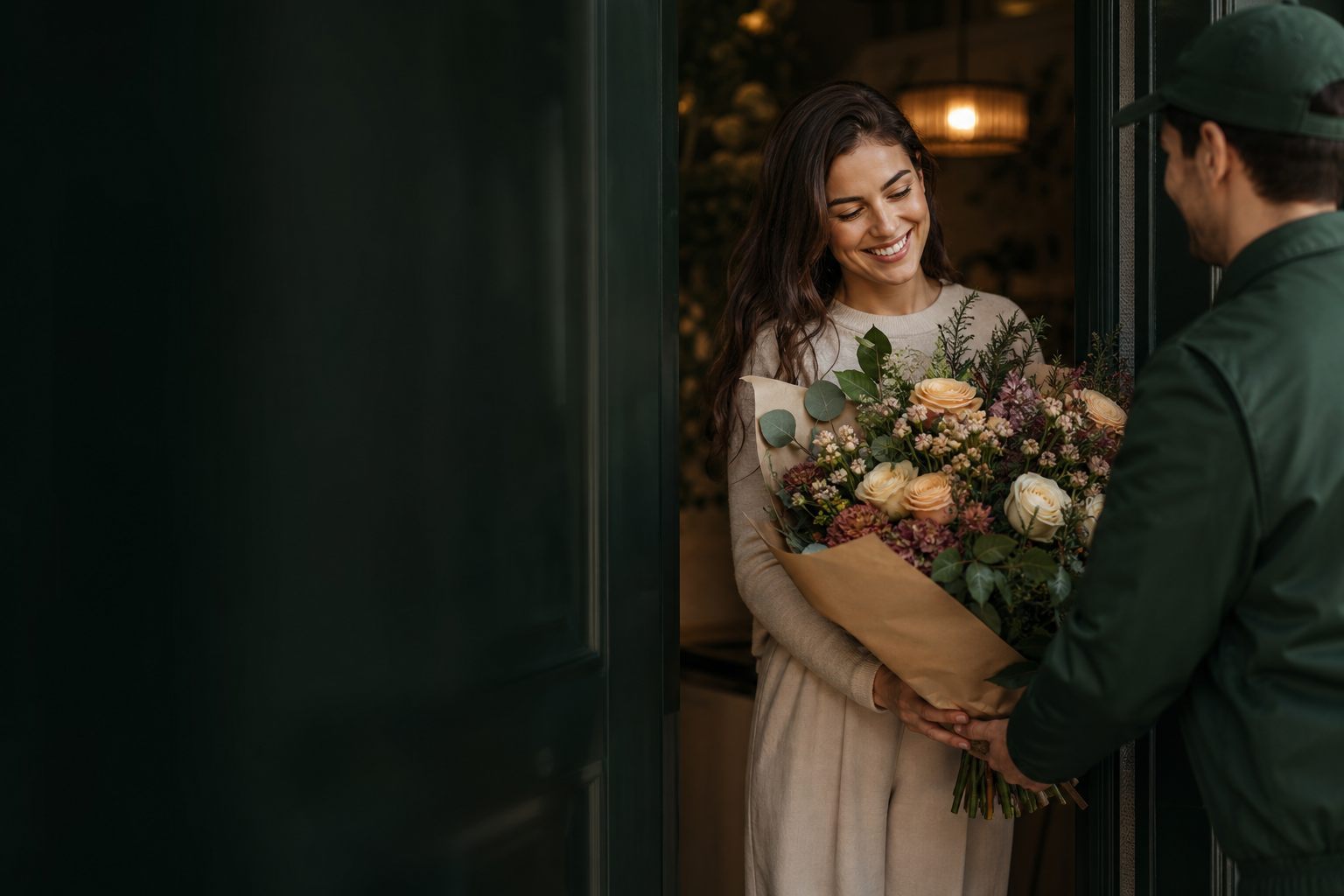 Entrega de flores premium Aurora Flores — mulher recebendo buquê de rosas